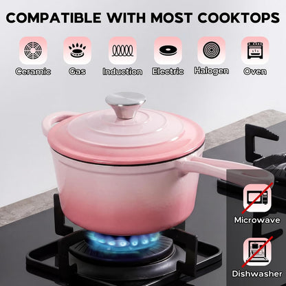 Cast Iron Sauce Pan Pot, 2QT Small Saucepan with Lid, Enameled Cast Iron Dutch Oven Cooking Kitchen Pot – Pink
