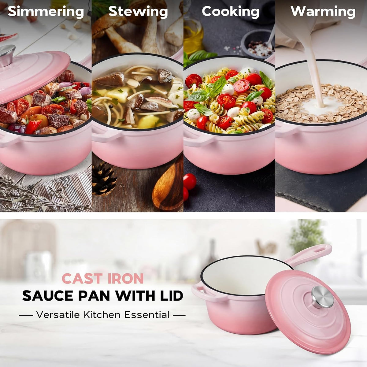 Cast Iron Sauce Pan Pot, 2QT Small Saucepan with Lid, Enameled Cast Iron Dutch Oven Cooking Kitchen Pot – Pink