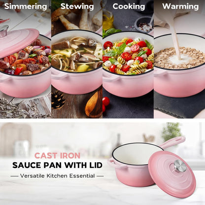 Cast Iron Sauce Pan Pot, 2QT Small Saucepan with Lid, Enameled Cast Iron Dutch Oven Cooking Kitchen Pot – Pink