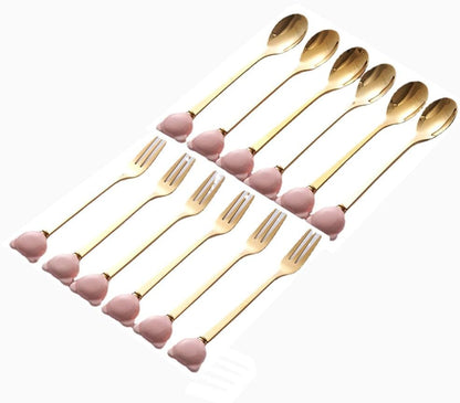 12 Piece Set Cartoon Stainless Steel Spoon Fork Set 14.5cm/5.7 Inch Dessert Spoon Fork Household Fruit Fork Ceramic Small Fork Bear Storage Jar (No storage,Pink Gold)