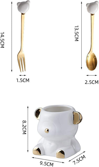 12 Piece Set Cartoon Stainless Steel Spoon Fork Set 14.5cm/5.7 Inch Dessert Spoon Fork Household Fruit Fork Ceramic Small Fork Bear Storage Jar (No storage,Pink Gold)