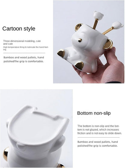 12 Piece Set Cartoon Stainless Steel Spoon Fork Set 14.5cm/5.7 Inch Dessert Spoon Fork Household Fruit Fork Ceramic Small Fork Bear Storage Jar (No storage,Pink Gold)
