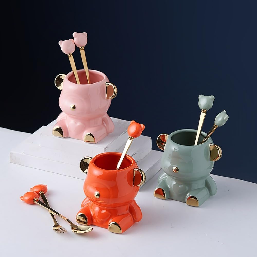 12 Piece Set Cartoon Stainless Steel Spoon Fork Set 14.5cm/5.7 Inch Dessert Spoon Fork Household Fruit Fork Ceramic Small Fork Bear Storage Jar (No storage,Pink Gold)