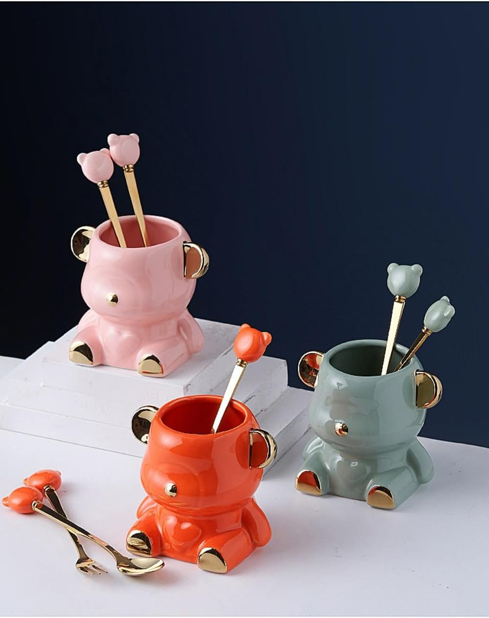 12 Piece Set Cartoon Stainless Steel Spoon Fork Set 14.5cm/5.7 Inch Dessert Spoon Fork Household Fruit Fork Ceramic Small Fork Bear Storage Jar (No storage,Pink Gold)
