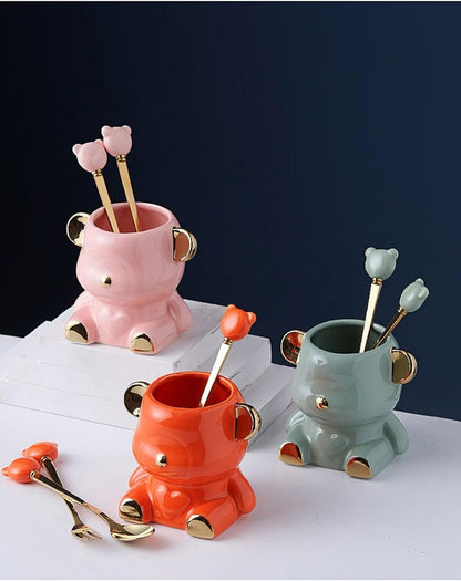 12 Piece Set Cartoon Stainless Steel Spoon Fork Set 14.5cm/5.7 Inch Dessert Spoon Fork Household Fruit Fork Ceramic Small Fork Bear Storage Jar (No storage,Pink Gold)