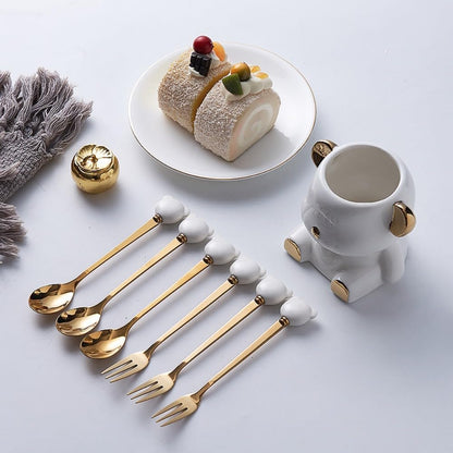 12 Piece Set Cartoon Stainless Steel Spoon Fork Set 14.5cm/5.7 Inch Dessert Spoon Fork Household Fruit Fork Ceramic Small Fork Bear Storage Jar (No storage,Pink Gold)