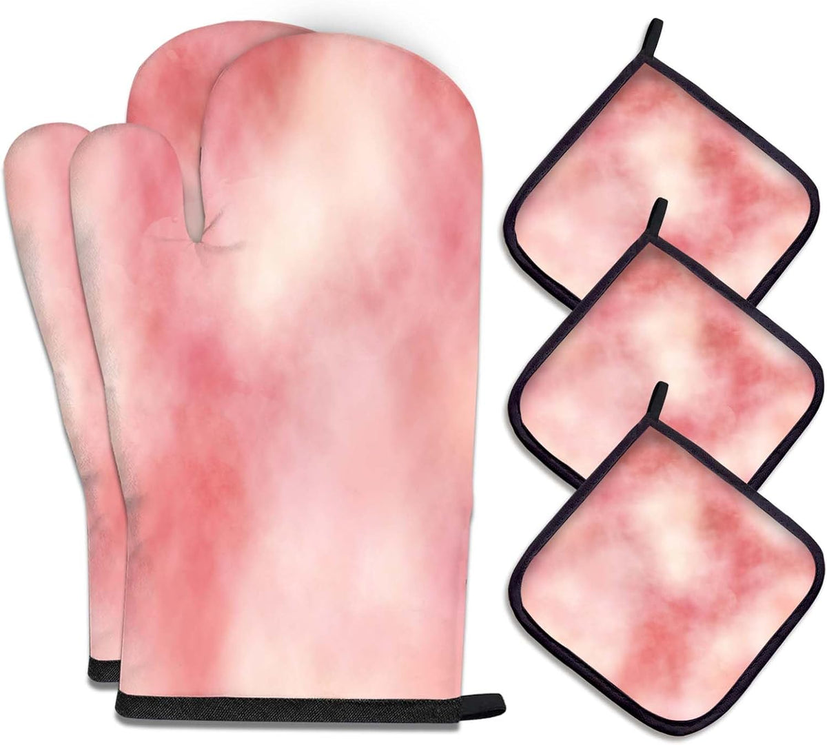 5 Pcs Tie-dye Pink Oven Mitts and Pot Holders Sets, Abstract Oven Gloves and Hot Pads for Kitchen Cooking, Modern Art Oven Mitt Potholder is Both Functional and Decorative