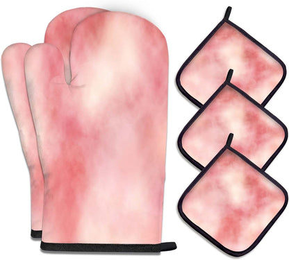 5 Pcs Tie-dye Pink Oven Mitts and Pot Holders Sets, Abstract Oven Gloves and Hot Pads for Kitchen Cooking, Modern Art Oven Mitt Potholder is Both Functional and Decorative