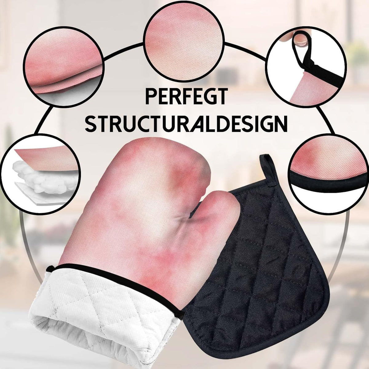 5 Pcs Tie-dye Pink Oven Mitts and Pot Holders Sets, Abstract Oven Gloves and Hot Pads for Kitchen Cooking, Modern Art Oven Mitt Potholder is Both Functional and Decorative