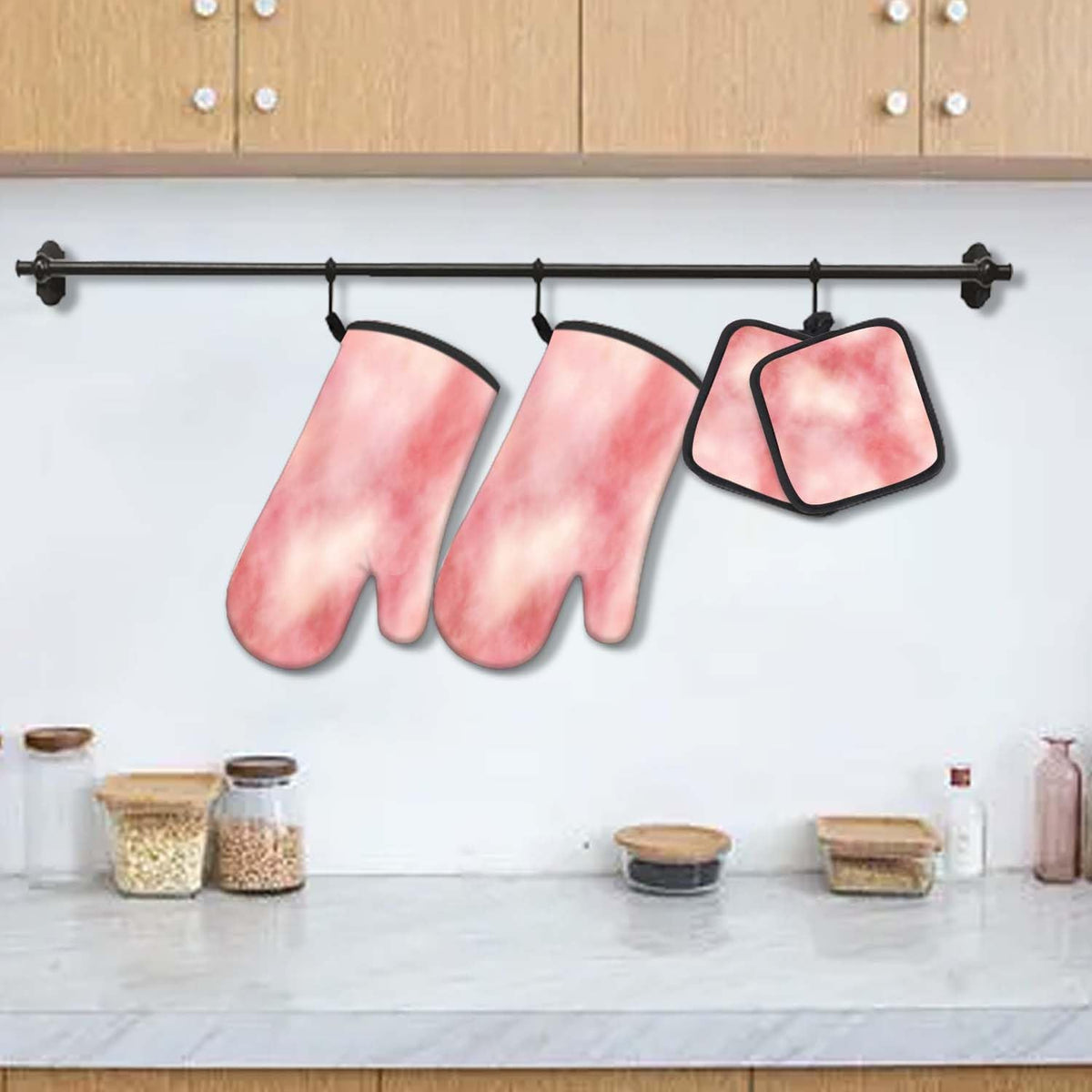 5 Pcs Tie-dye Pink Oven Mitts and Pot Holders Sets, Abstract Oven Gloves and Hot Pads for Kitchen Cooking, Modern Art Oven Mitt Potholder is Both Functional and Decorative