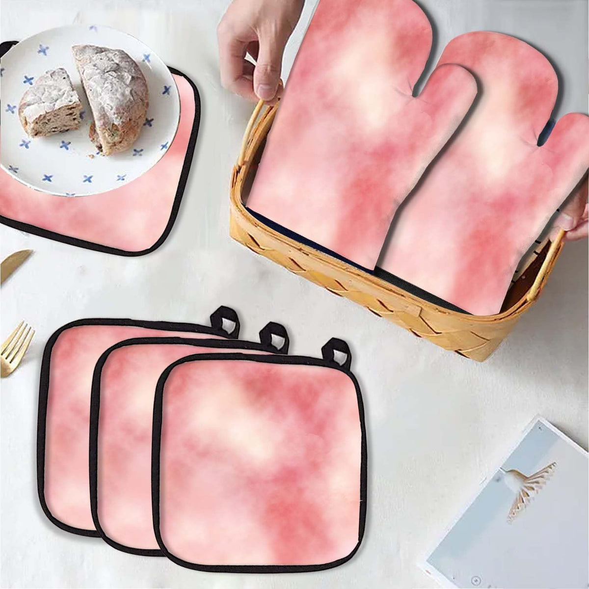 5 Pcs Tie-dye Pink Oven Mitts and Pot Holders Sets, Abstract Oven Gloves and Hot Pads for Kitchen Cooking, Modern Art Oven Mitt Potholder is Both Functional and Decorative