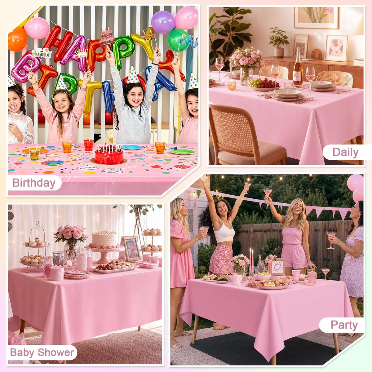 4 Packs Pink Tablecloth 54 X 108 Inch Plastic Table Cloth for Rectangle Table Disposable Light Pink Table Cover for Birthday Party Picnic Baby Shower Wedding Mothers Day Decorations