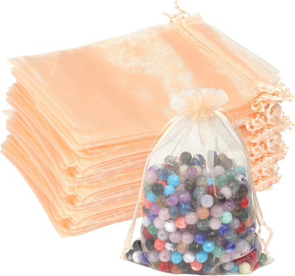 100Pcs Peach Organza Bags,5x7 Inch Small Mesh Drawstring Bags