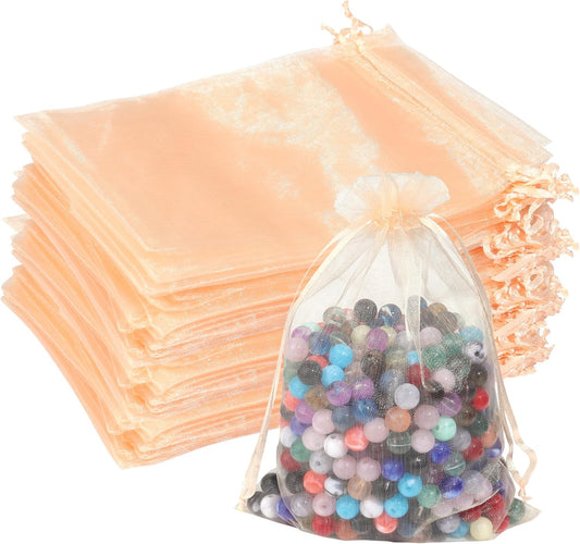 100Pcs Peach Organza Bags,5x7 Inch Small Mesh Drawstring Bags