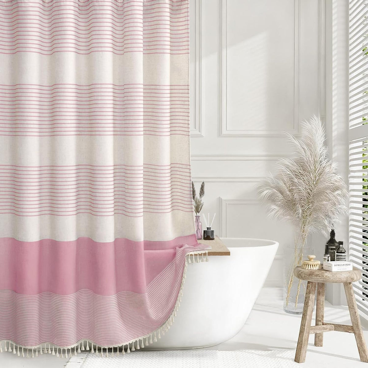 Pink Boho Linen Striped Shower Curtain with Tassel 72" W X 72" L