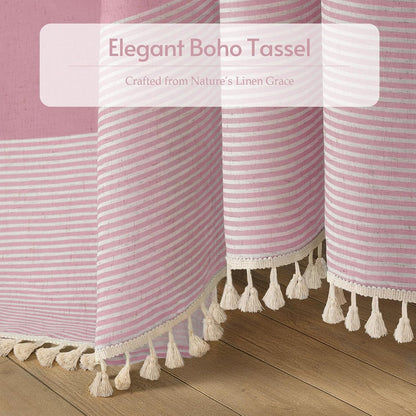 Pink Boho Linen Striped Shower Curtain with Tassel 72" W X 72" L
