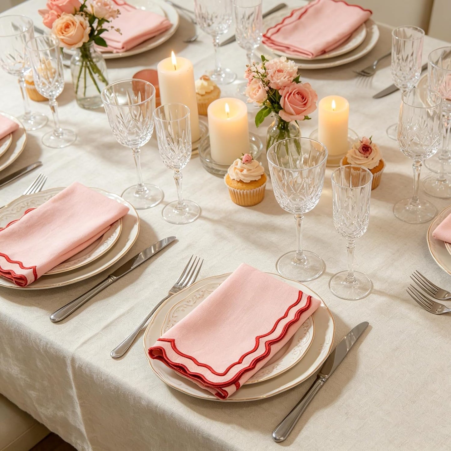 Scalloped Embroidery Cloth Napkins Set of 4 14"X14" Cotton Napkins for Potluck Party Wedding Table Decor (Square Pink with Red)