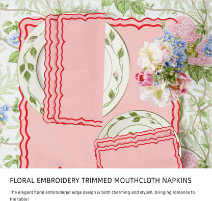 Scalloped Embroidery Cloth Napkins Set of 4 14"X14" Cotton Napkins for Potluck Party Wedding Table Decor (Square Pink with Red)