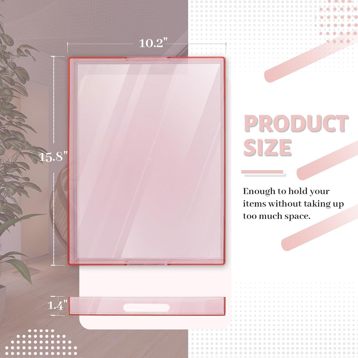 Pink Clear Serving Tray with Handles, Rectangle Decorative Tray