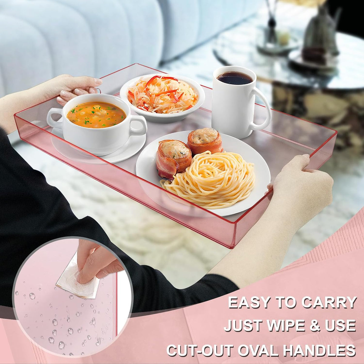 Pink Clear Serving Tray with Handles, Rectangle Decorative Tray