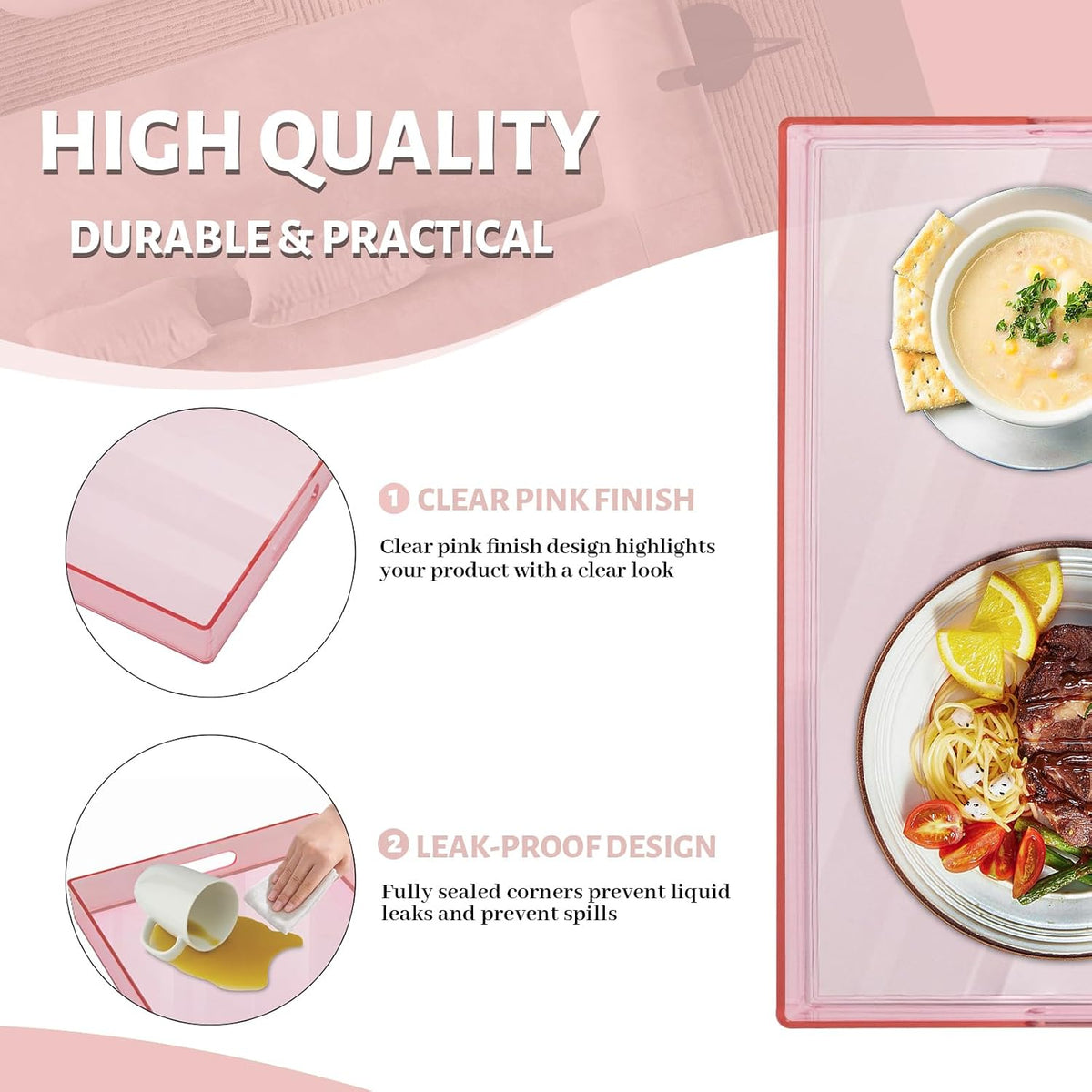 Pink Clear Serving Tray with Handles, Rectangle Decorative Tray