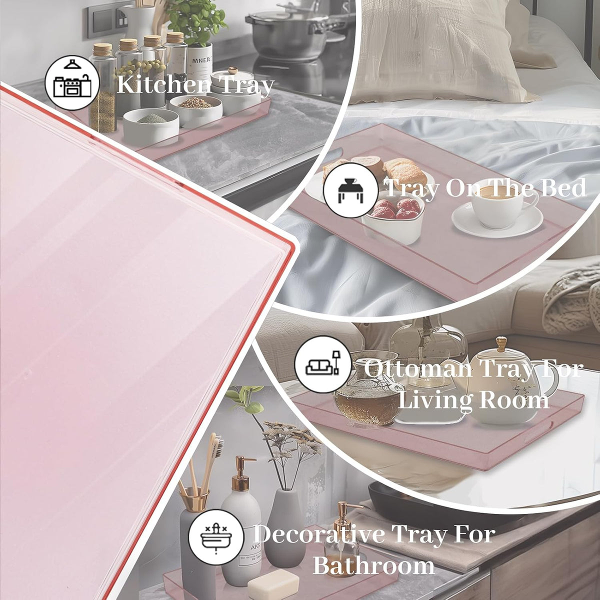 Pink Clear Serving Tray with Handles, Rectangle Decorative Tray
