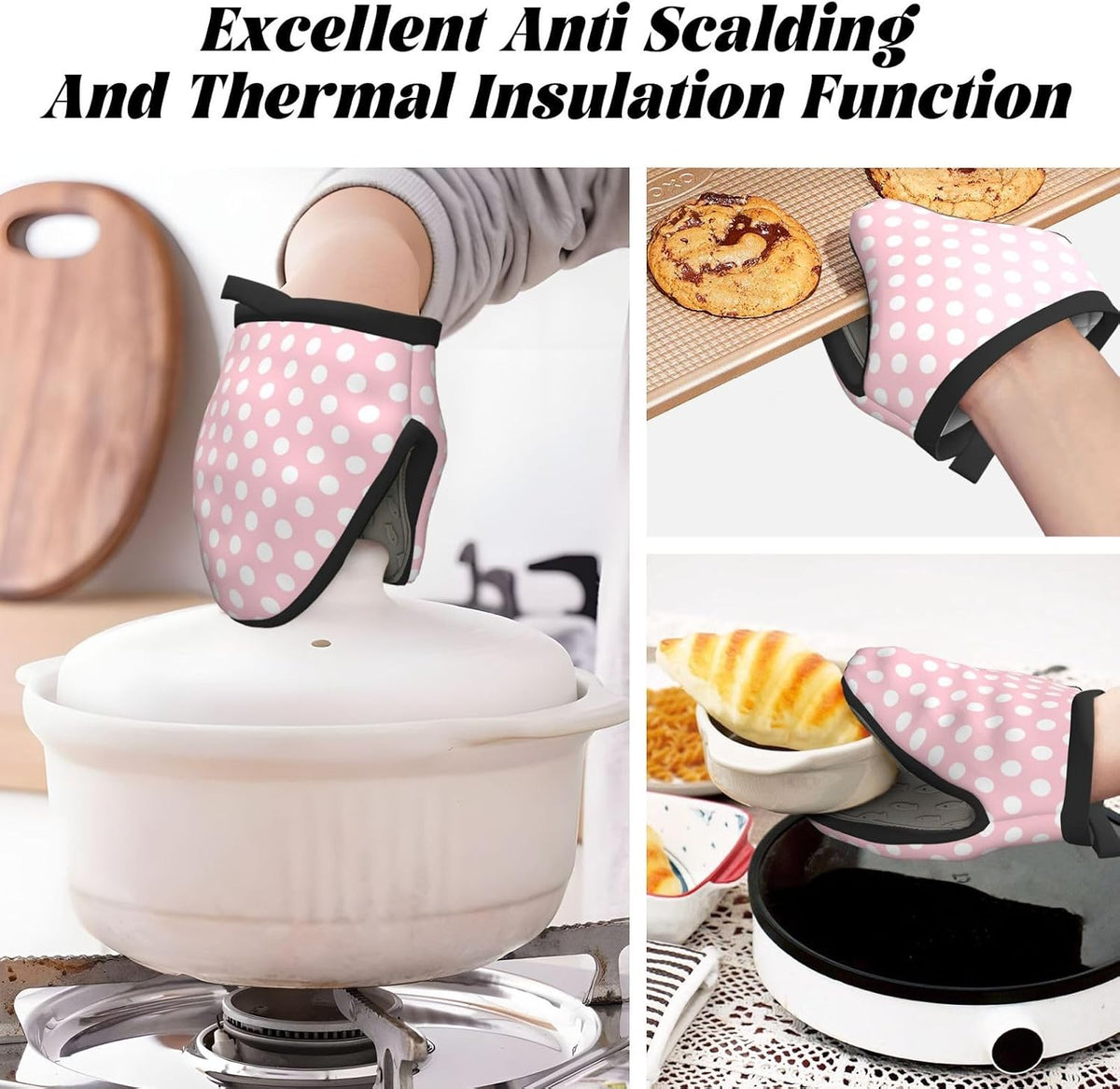 Mini Silicone Oven Mitts, Light Pink Polka Dot Print Oven Mitts Heat Resistant, Pot Holders for Kitchen Cooking & Baking Gloves