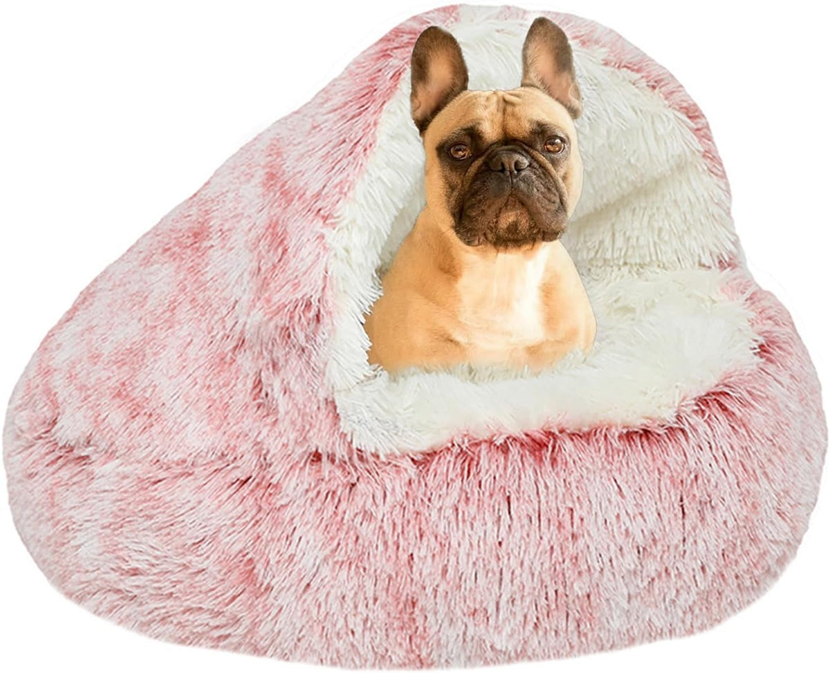 Small Dog Bed Hooded, Cat Cave Bed for Indoor Cats with Covered Hood for Small Dogs Cats Puppy, Plush Faux Fur Enclosed Nest(pink-26'')