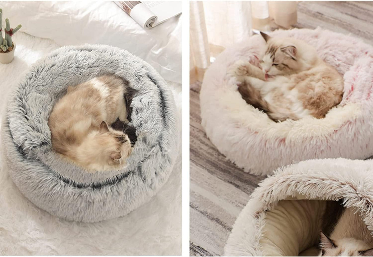 Small Dog Bed Hooded, Cat Cave Bed for Indoor Cats with Covered Hood for Small Dogs Cats Puppy, Plush Faux Fur Enclosed Nest(pink-26'')