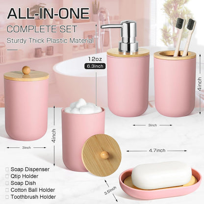 Pink Bathroom Accessories - 5 Pcs, Plastic Decor Set, Soap Dispenser, Toothbrush Holder, Soap Dish, Cotton Swab Jar, Boho Organizer