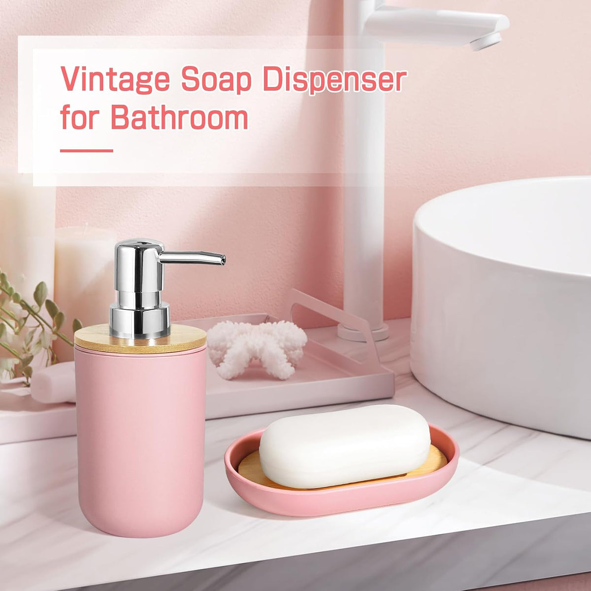 Pink Bathroom Accessories - 5 Pcs, Plastic Decor Set, Soap Dispenser, Toothbrush Holder, Soap Dish, Cotton Swab Jar, Boho Organizer
