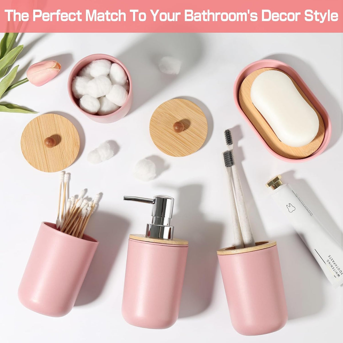 Pink Bathroom Accessories - 5 Pcs, Plastic Decor Set, Soap Dispenser, Toothbrush Holder, Soap Dish, Cotton Swab Jar, Boho Organizer