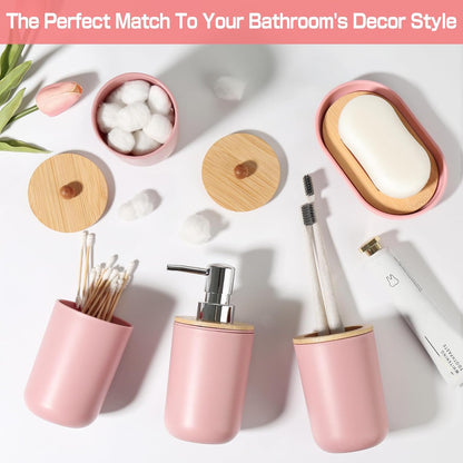 Pink Bathroom Accessories - 5 Pcs, Plastic Decor Set, Soap Dispenser, Toothbrush Holder, Soap Dish, Cotton Swab Jar, Boho Organizer