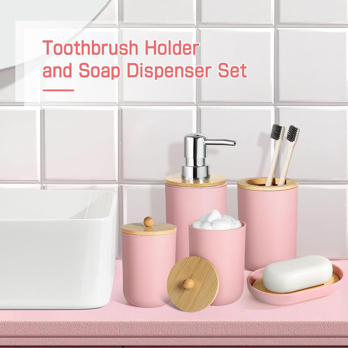 Pink Bathroom Accessories - 5 Pcs, Plastic Decor Set, Soap Dispenser, Toothbrush Holder, Soap Dish, Cotton Swab Jar, Boho Organizer