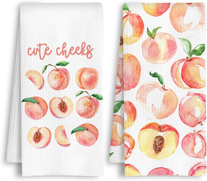 Cute Cheeks Girly Pink Peach Hand Towels for Bathroom Kitchen, Coral Peach Kitchen Towels, Fruit Lover Gifts Dish Tea Towel, 16x24 Inch Set of 2