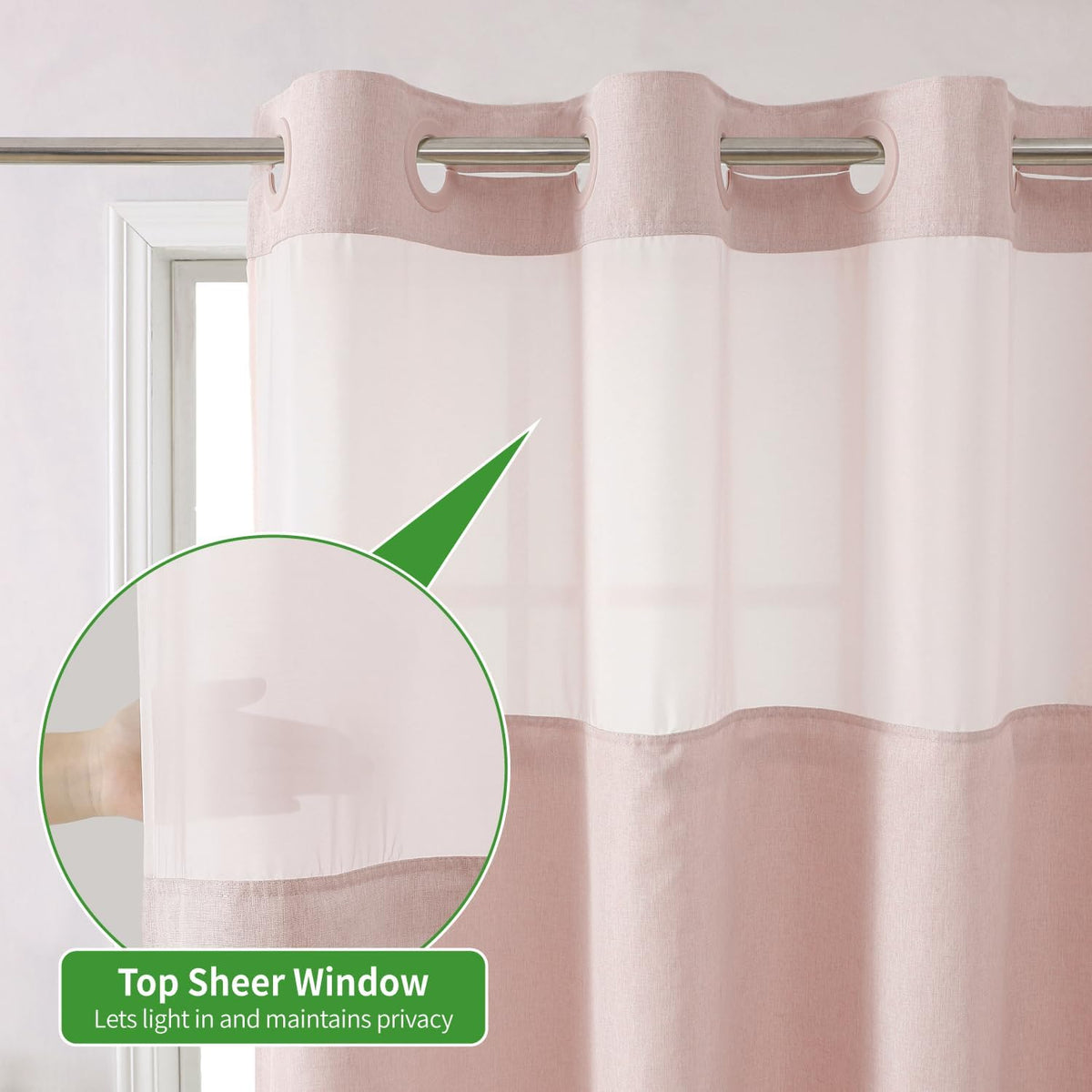 No Hooks Needed Linen Textured Shower Curtain with Snap-in Fabric Liner Set,Blush Hotel Luxury Decor Shower Curtains for Bathroom with Mesh Top Window,Waterproof & Washable,71Wx74H