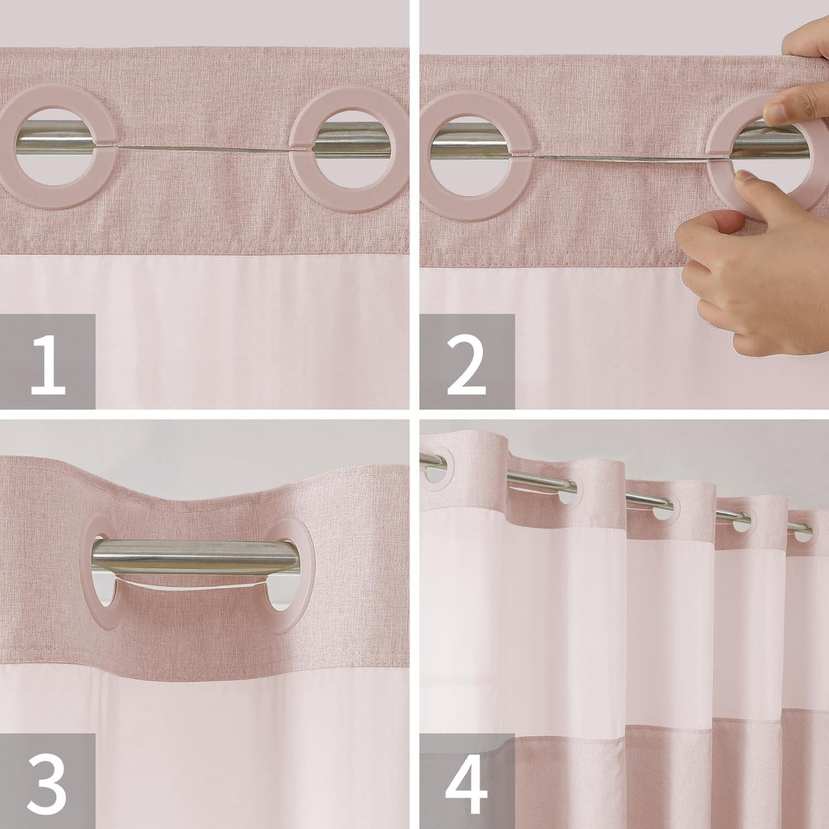 No Hooks Needed Linen Textured Shower Curtain with Snap-in Fabric Liner Set,Blush Hotel Luxury Decor Shower Curtains for Bathroom with Mesh Top Window,Waterproof & Washable,71Wx74H