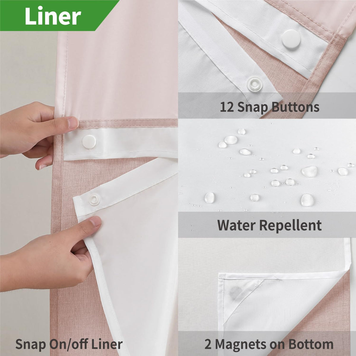 No Hooks Needed Linen Textured Shower Curtain with Snap-in Fabric Liner Set,Blush Hotel Luxury Decor Shower Curtains for Bathroom with Mesh Top Window,Waterproof & Washable,71Wx74H