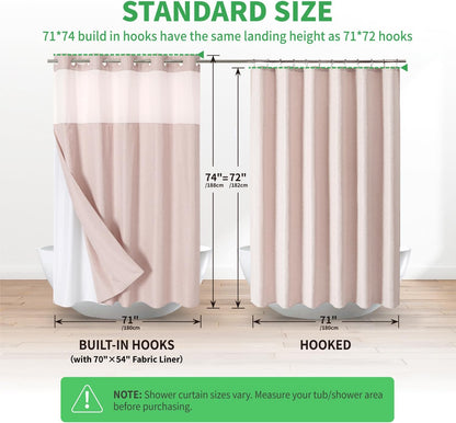 No Hooks Needed Linen Textured Shower Curtain with Snap-in Fabric Liner Set,Blush Hotel Luxury Decor Shower Curtains for Bathroom with Mesh Top Window,Waterproof & Washable,71Wx74H
