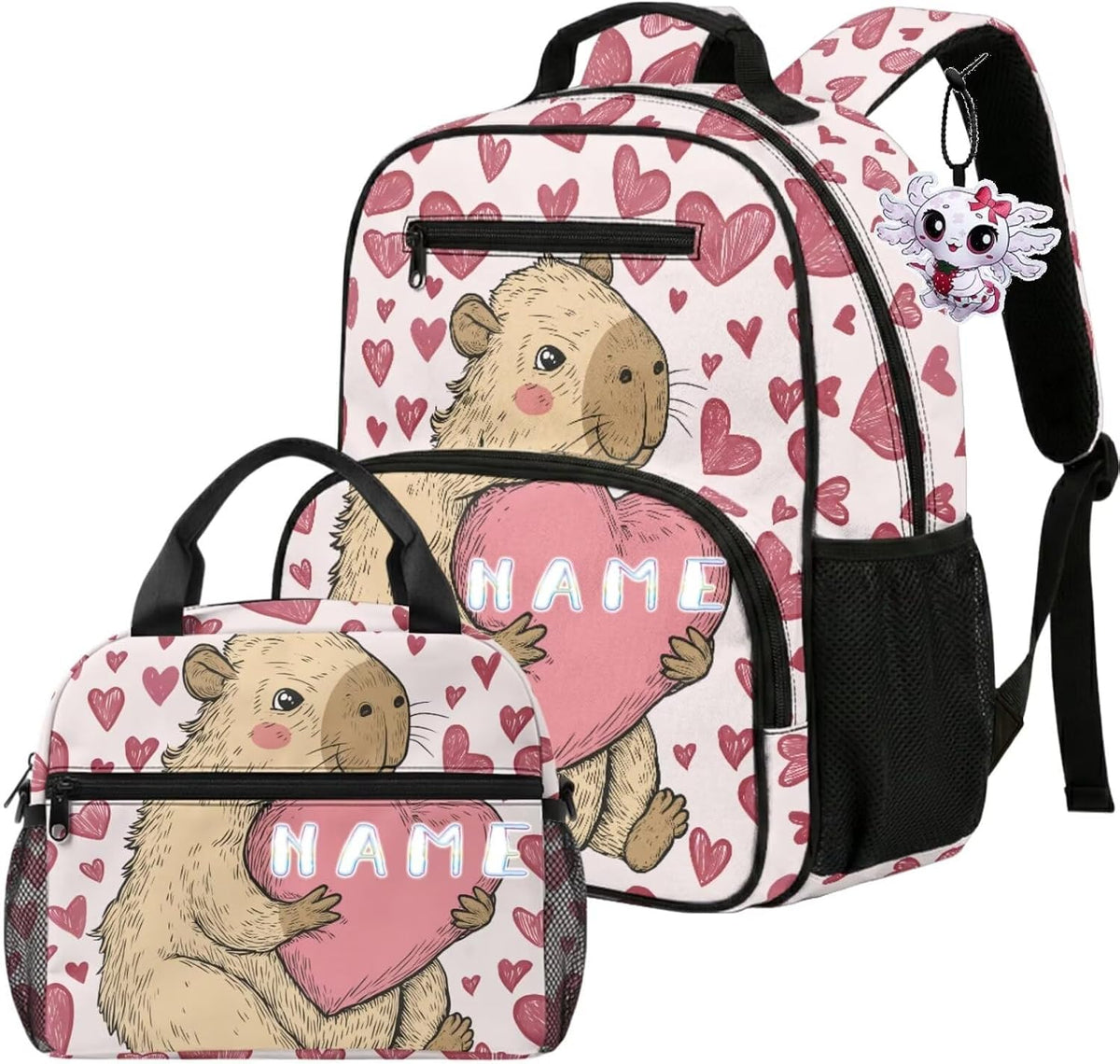 Capybara Pink Heart Cute Backpack Toddler with Lunch Box 2 Pcs Customized School Bag with Padded Straps Lightweight Diaper Bag Daypack,13 In