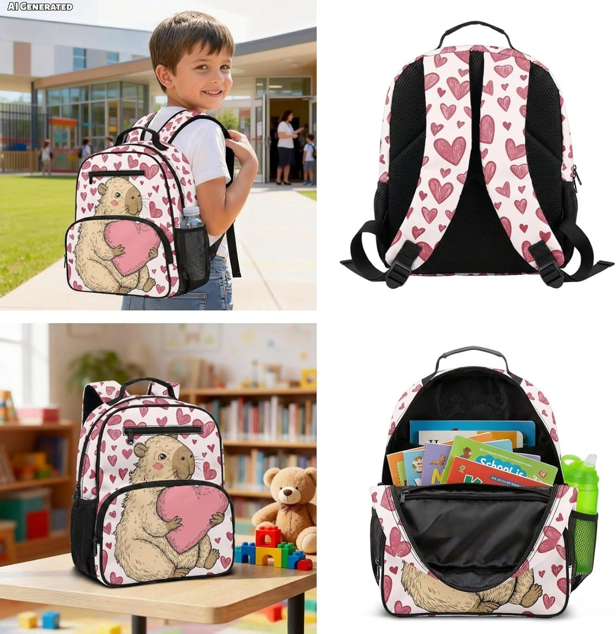 Capybara Pink Heart Cute Backpack Toddler with Lunch Box 2 Pcs Customized School Bag with Padded Straps Lightweight Diaper Bag Daypack,13 In
