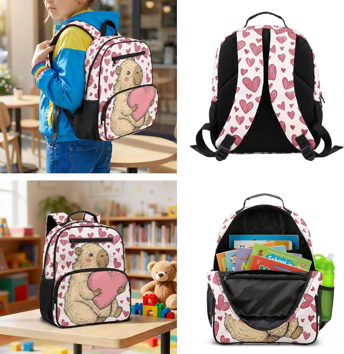 Capybara Pink Heart Cute Backpack Toddler with Lunch Box 2 Pcs Customized School Bag with Padded Straps Lightweight Diaper Bag Daypack,13 In