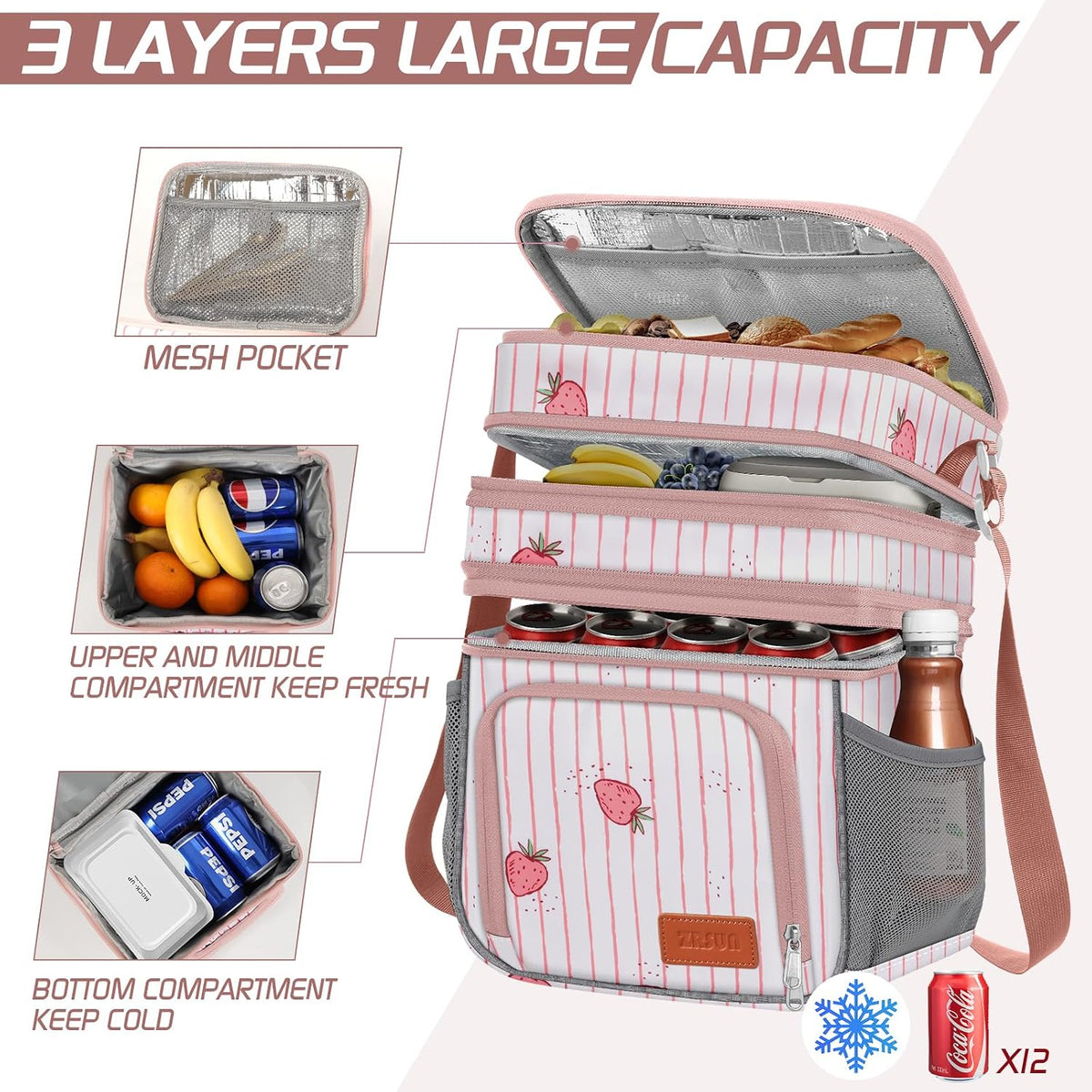 Insulated Lunch Bag for Women Men, Reusable 3 Layers Lunch Box Women, Expandable Reusable Water-resistant Lunch Box for Work Travel Office Picnic Hiking (Pink)