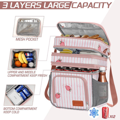 Insulated Lunch Bag for Women Men, Reusable 3 Layers Lunch Box Women, Expandable Reusable Water-resistant Lunch Box for Work Travel Office Picnic Hiking (Pink)
