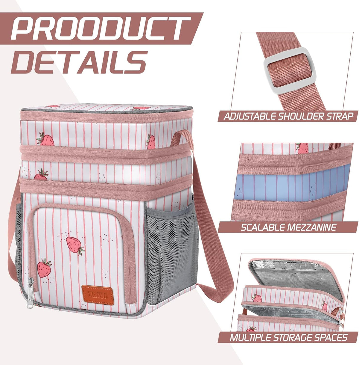 Insulated Lunch Bag for Women Men, Reusable 3 Layers Lunch Box Women, Expandable Reusable Water-resistant Lunch Box for Work Travel Office Picnic Hiking (Pink)