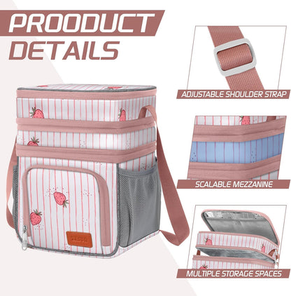 Insulated Lunch Bag for Women Men, Reusable 3 Layers Lunch Box Women, Expandable Reusable Water-resistant Lunch Box for Work Travel Office Picnic Hiking (Pink)
