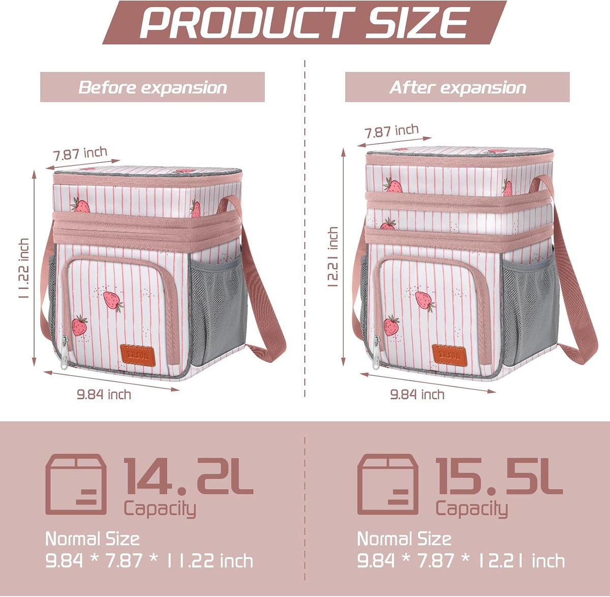 Insulated Lunch Bag for Women Men, Reusable 3 Layers Lunch Box Women, Expandable Reusable Water-resistant Lunch Box for Work Travel Office Picnic Hiking (Pink)