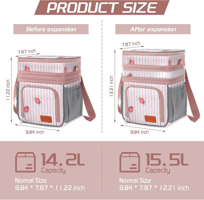 Insulated Lunch Bag for Women Men, Reusable 3 Layers Lunch Box Women, Expandable Reusable Water-resistant Lunch Box for Work Travel Office Picnic Hiking (Pink)