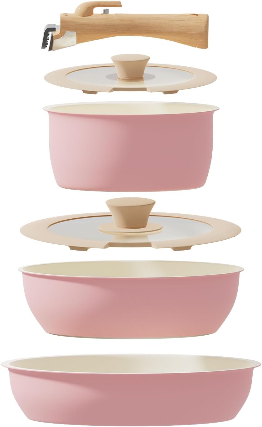 6 Pieces Kitchen Non-Stick Cookware Sets with Removable Handle, Stackable Pots and Pans Set Nonstick for Induction Gas RVs Camping Space Saving，Pink