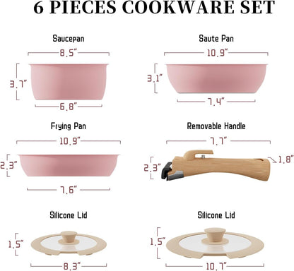 6 Pieces Kitchen Non-Stick Cookware Sets with Removable Handle, Stackable Pots and Pans Set Nonstick for Induction Gas RVs Camping Space Saving，Pink